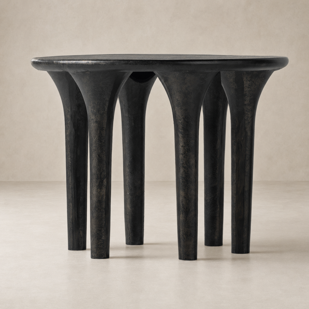 Holden End Table with unique rounded top and four sculptural legs in dark finish.