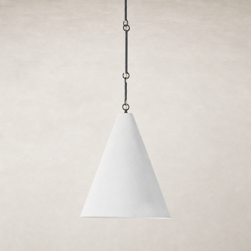 Matte white plaster pendant light with a sleek conical shape and black chain.