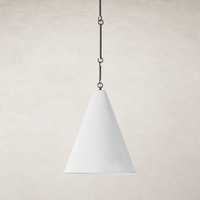 Matte white plaster pendant light with a sleek conical shape and black chain.