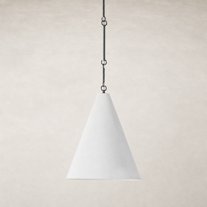 Matte white plaster pendant light with a sleek conical shape and black chain.