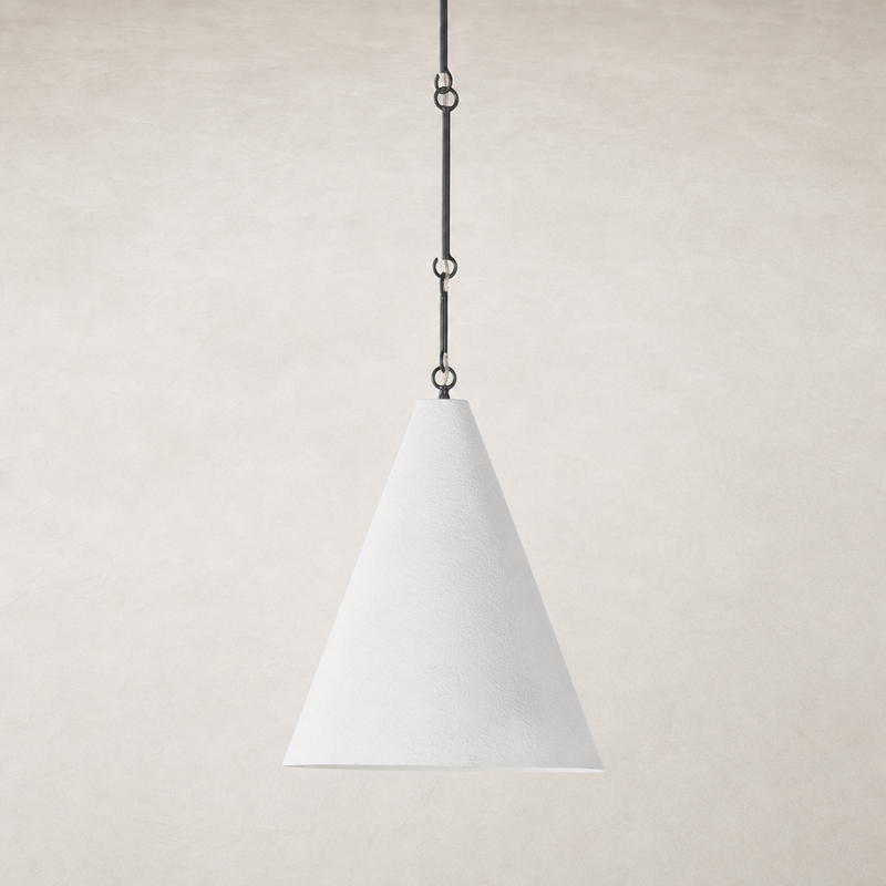 Matte white plaster pendant light with a sleek conical shape and black chain.