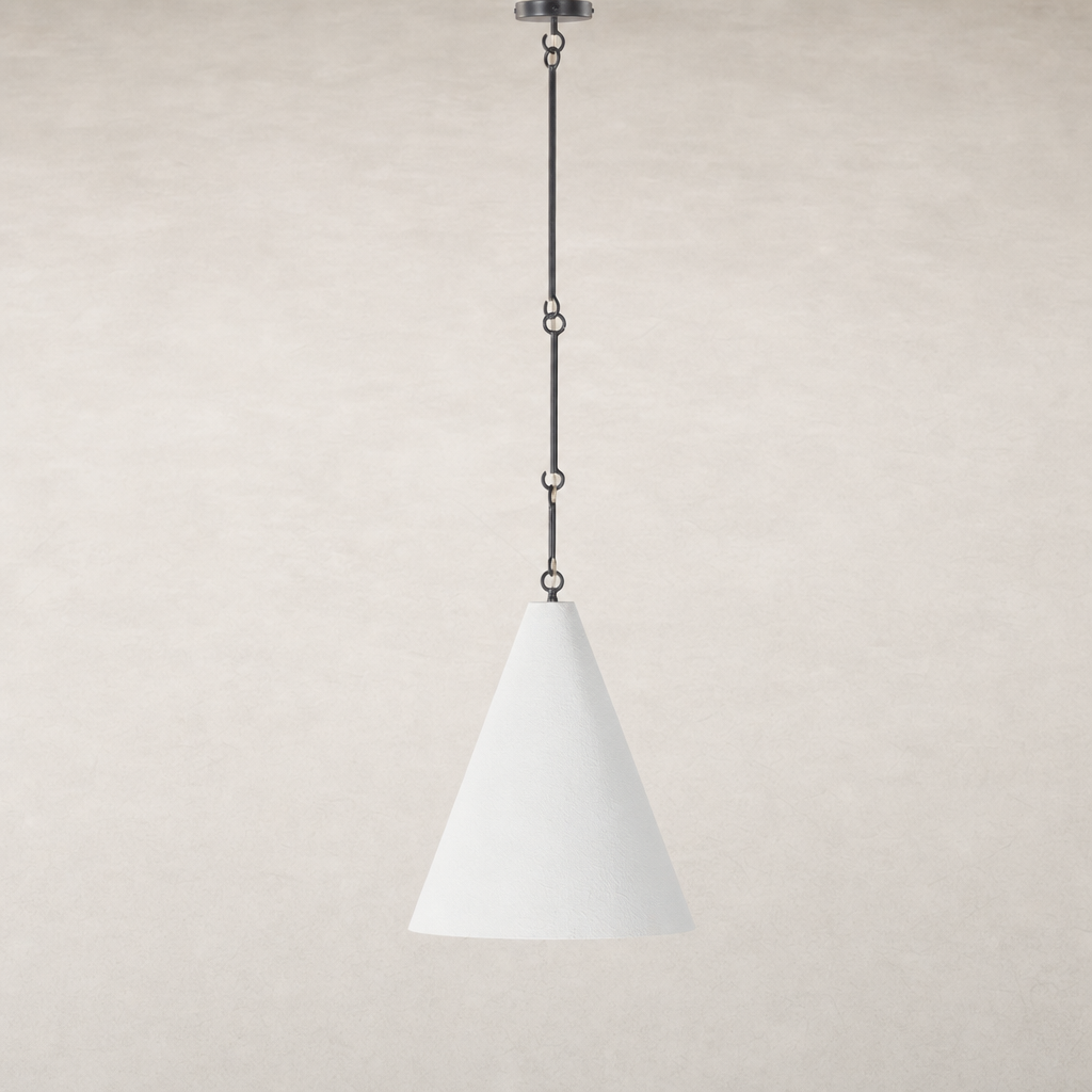 Matte white plaster pendant light with a sleek, conical design and metal chain.