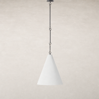 Matte white plaster pendant light with a sleek, conical design and metal chain.