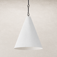 Matte white plaster pendant lamp with a sleek conical shape and textured finish.