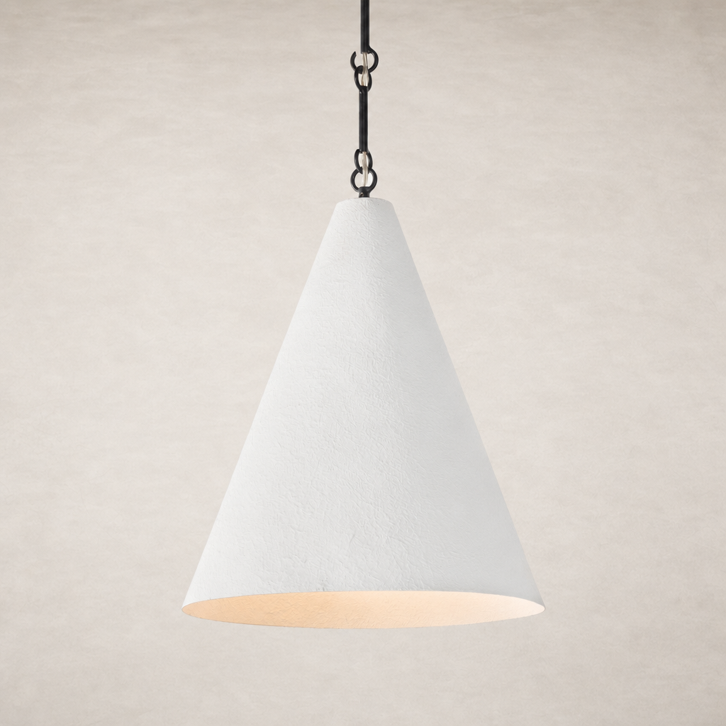 Matte white plaster pendant light with a modern conical shape and textured finish.