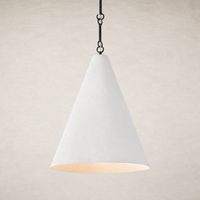 Matte white plaster pendant light with a modern conical shape and textured finish.