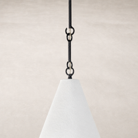 Matte white plaster pendant with textured surface and black hanging chain.