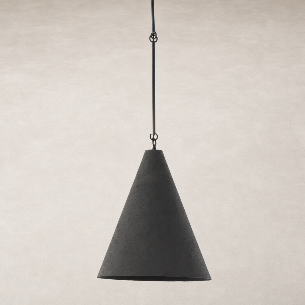 Matte black plaster pendant light with a sleek conical shape and minimalist design.