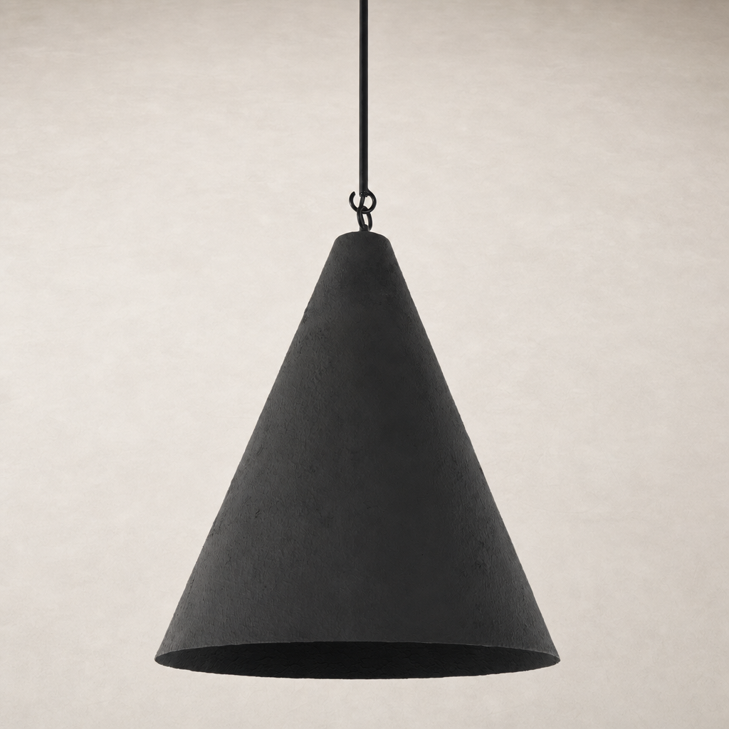 Matte black plaster pendant light with a conical shape and textured finish.