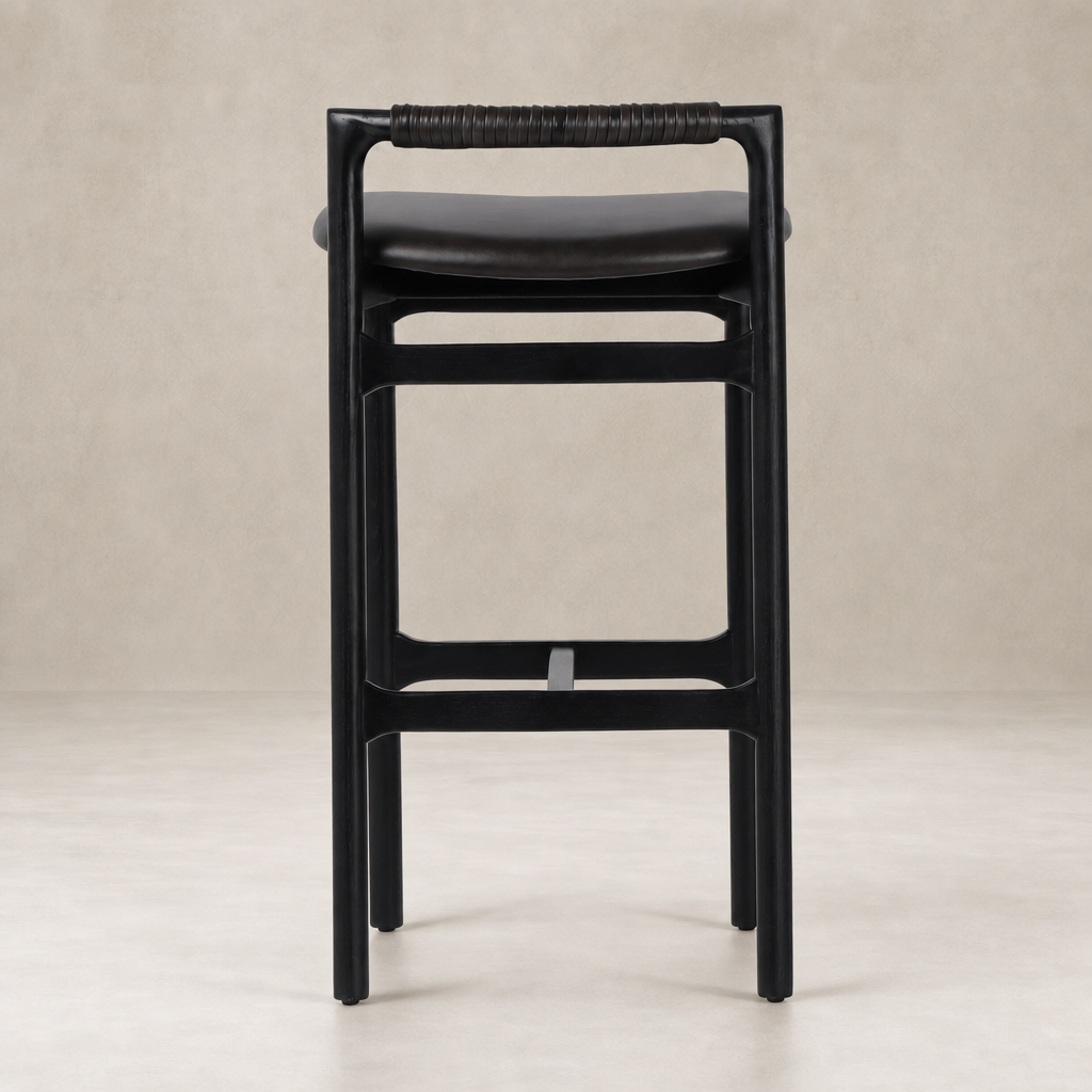 Nadia Bar + Counter Stool in Sonoma Black with sleek lines and woven back detail.