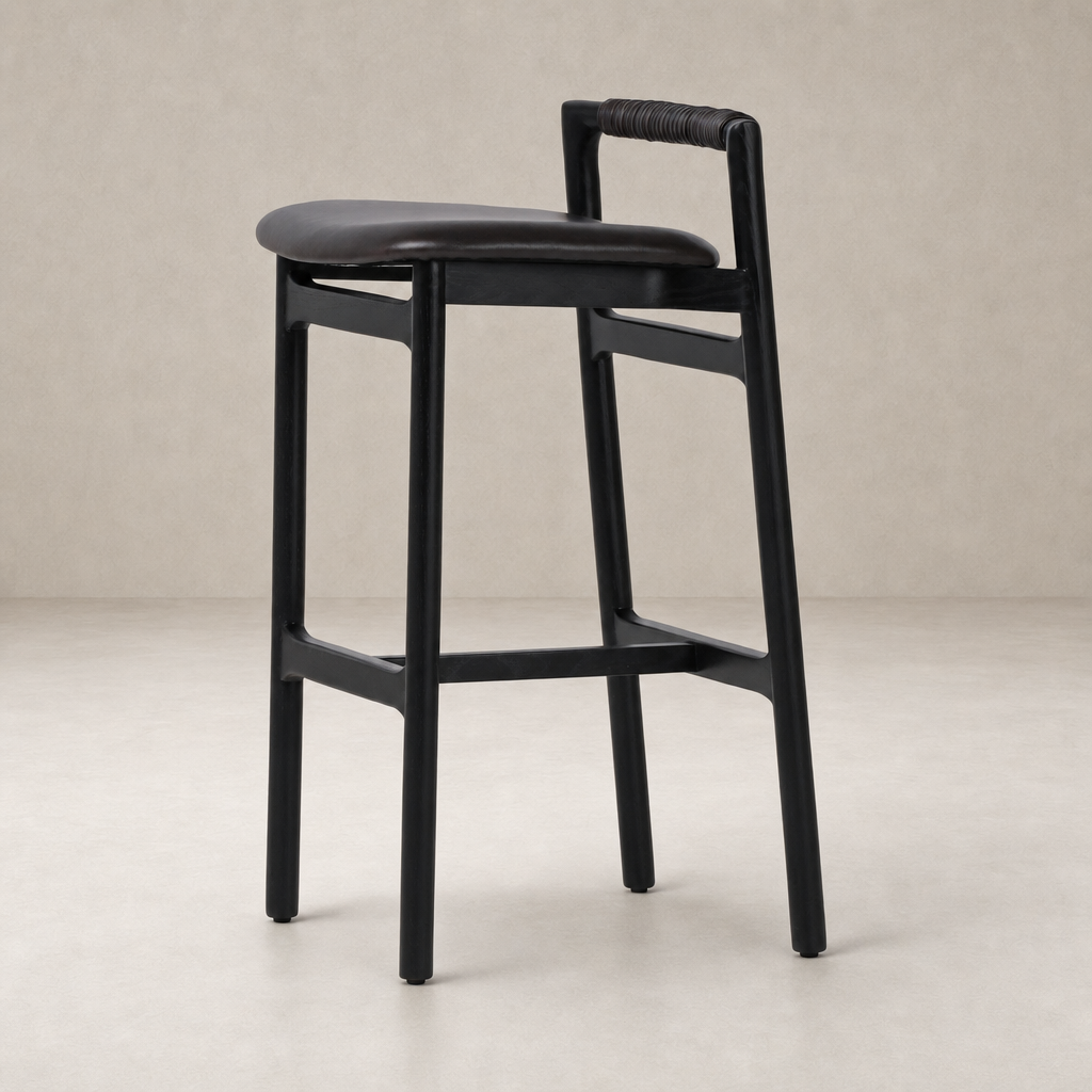 Nadia Bar + Counter Stool in Sonoma Black with curved seat and unique handle design.
