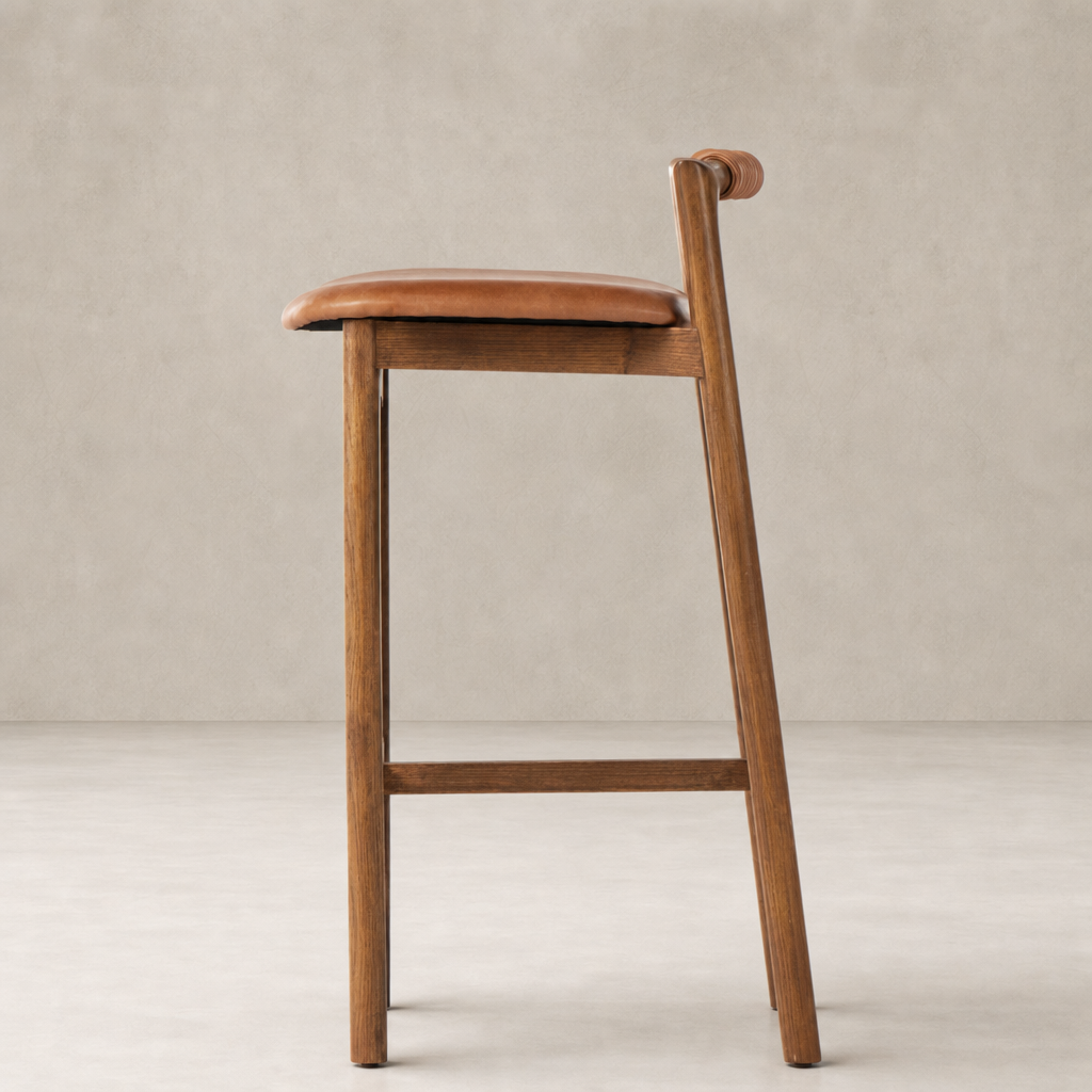 Nadia Bar + Counter Stool in Haven Tobacco with sleek wooden frame and comfortable seat.