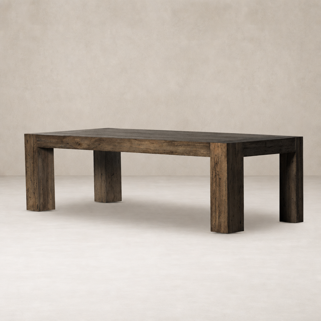 Brisa Dining Table in Ebony Rustic Wormwood Oak with sturdy rectangular design.