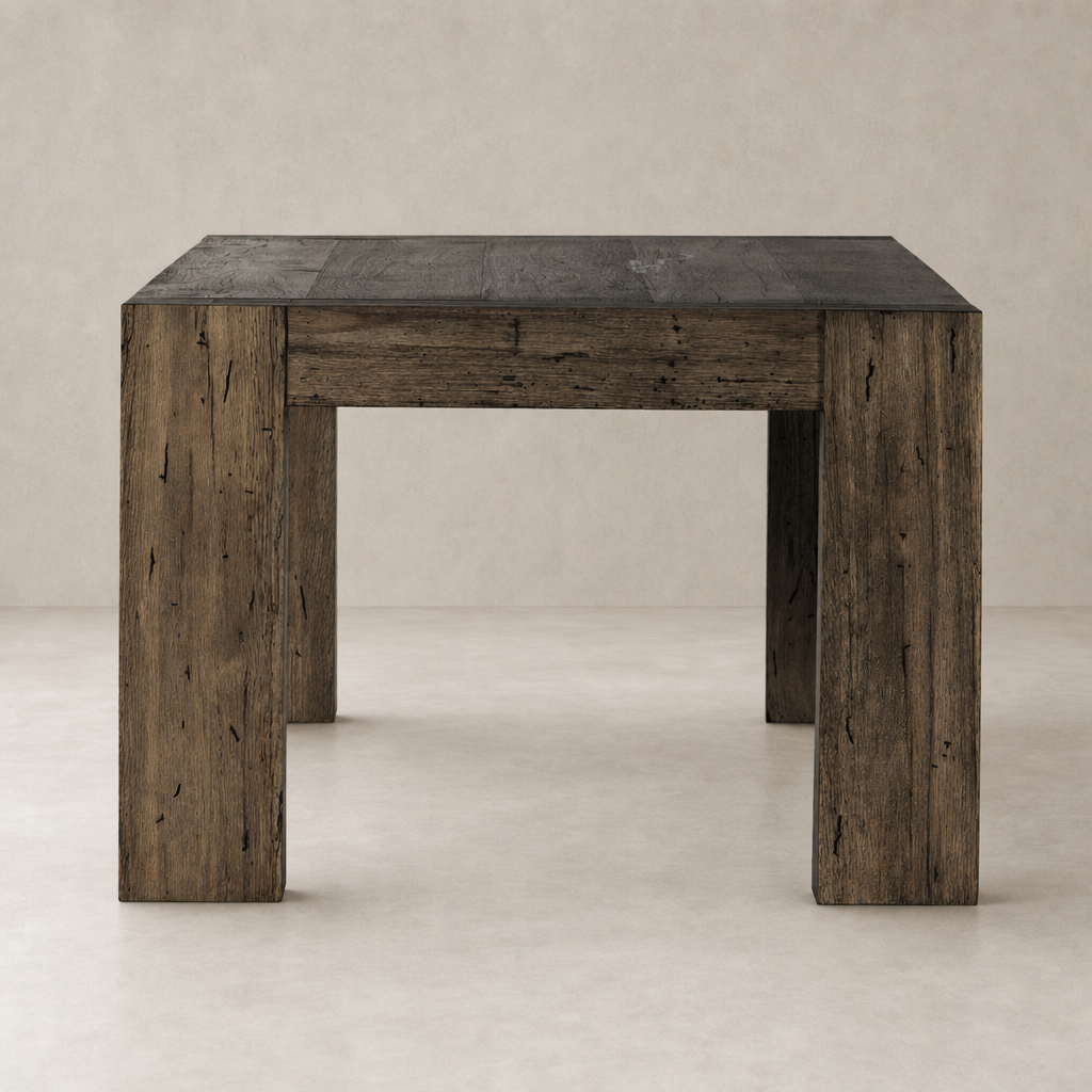 Brisa Dining Table in ebony rustic wormwood oak with sturdy, square legs and a textured finish.