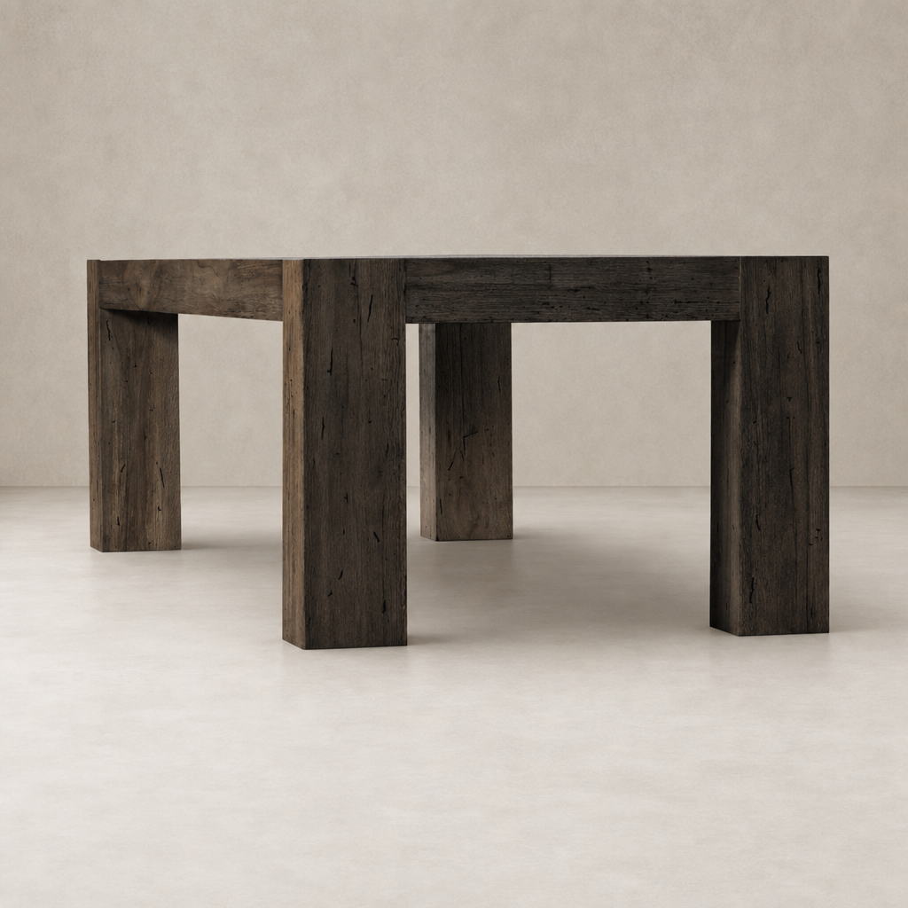 Brisa Dining Table in ebony rustic wormwood oak with sturdy, blocky legs and rich texture.