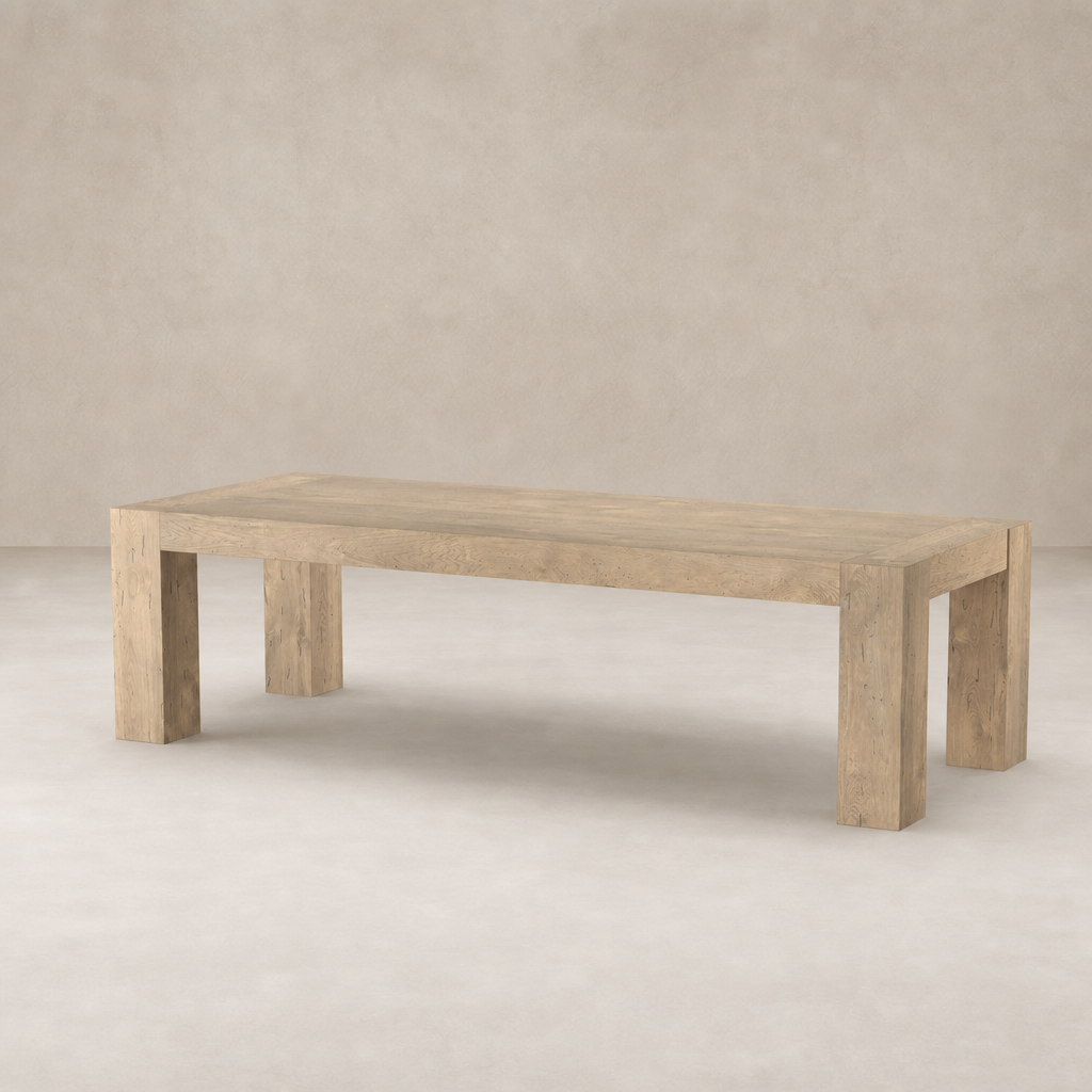 Brisa Dining Table in whitewash rustic wormwood oak with a simple, modern design.