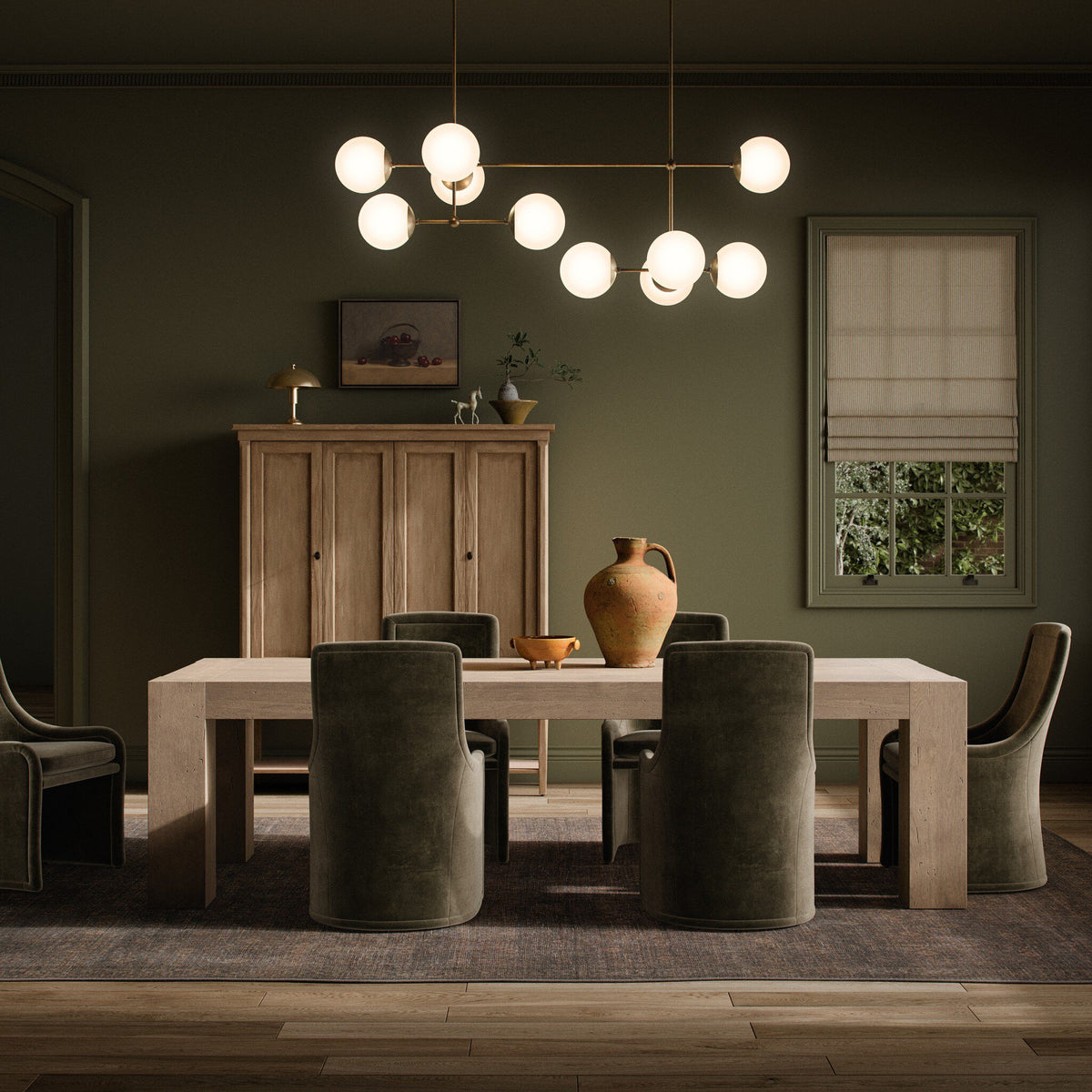 Brisa Dining Table in whitewash rustic wormwood oak with stylish rounded edges.