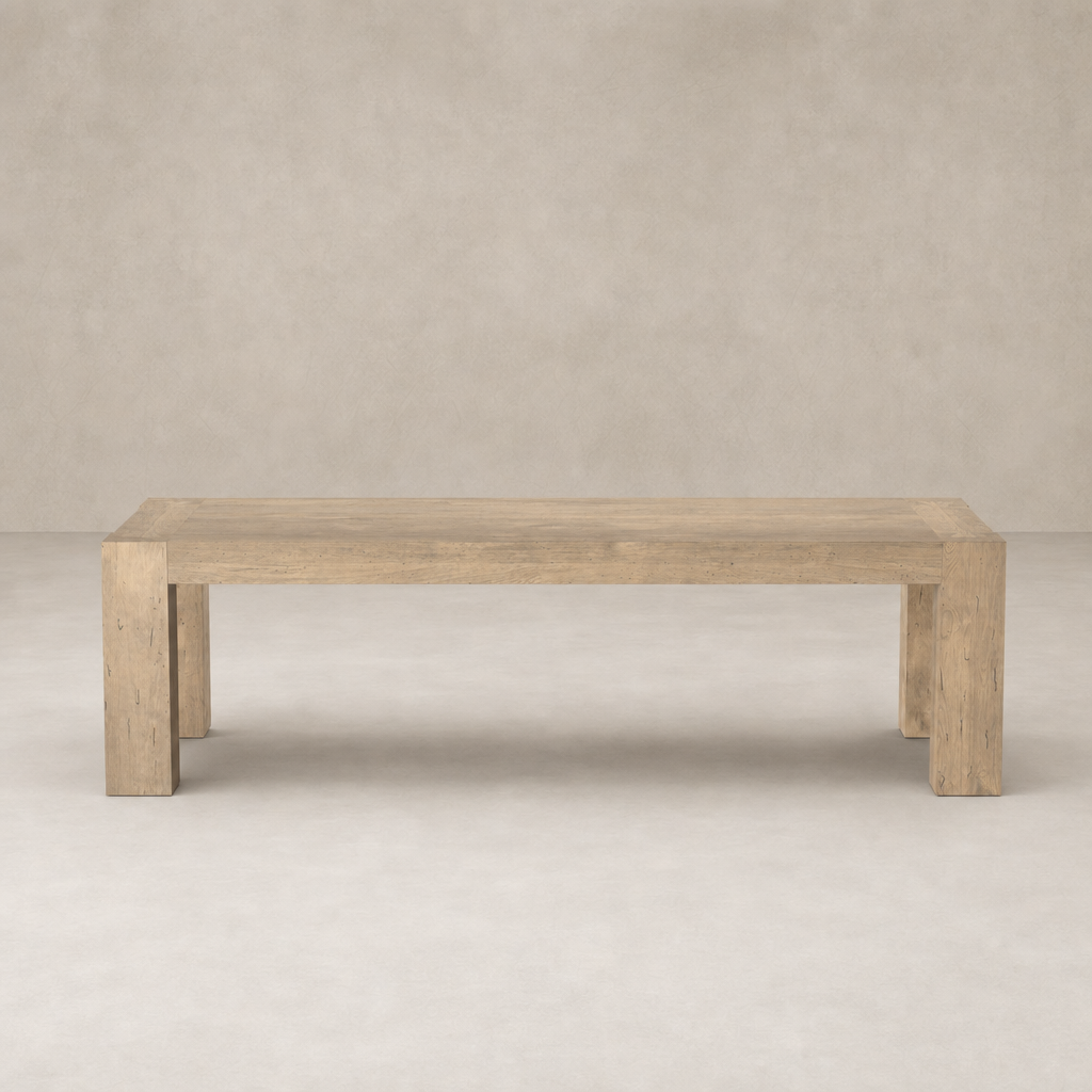 Brisa Dining Table in whitewash rustic wormwood oak with a sleek, modern design.
