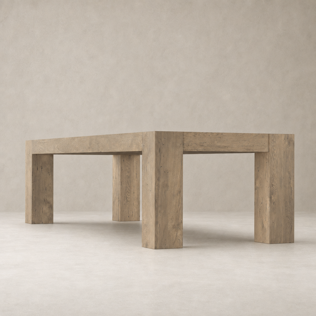 Rustic whitewash Brisa Dining Table with thick, square legs and natural wood grain.