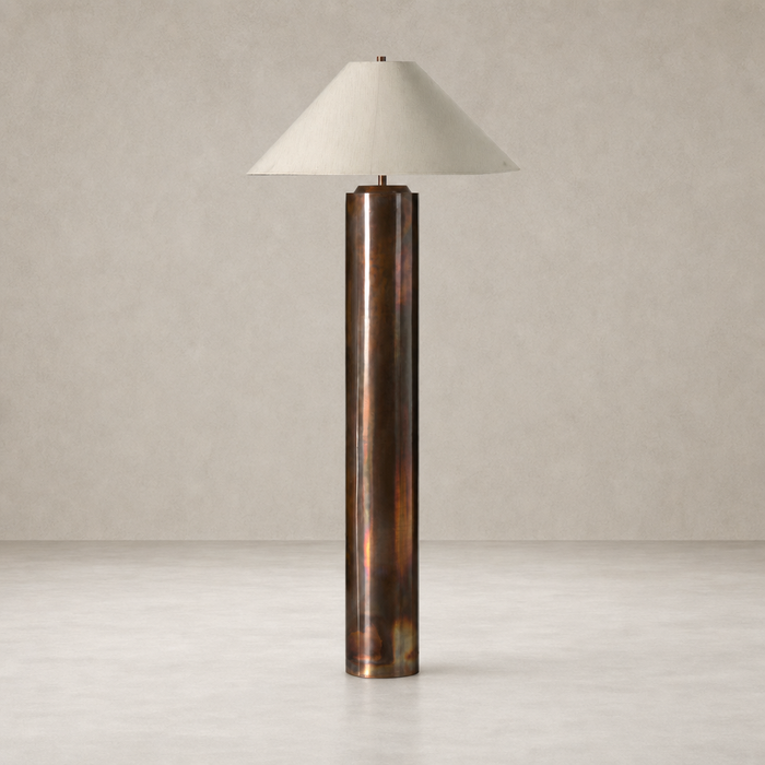 Iridescent acid wash floor lamp with a stylish conical shade and sleek design.