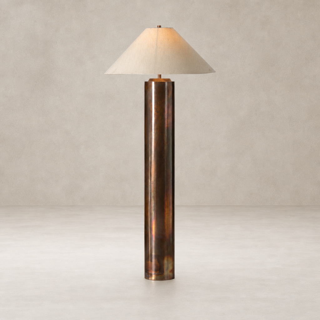 Iridescent acid wash floor lamp with a conical shade and sleek cylindrical base.