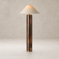 Iridescent acid wash floor lamp with a conical shade and sleek cylindrical base.