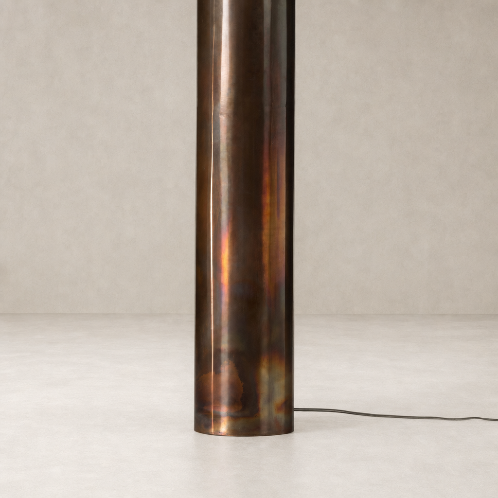 Iridescent acid wash floor lamp with a sleek cylindrical design and modern appeal.