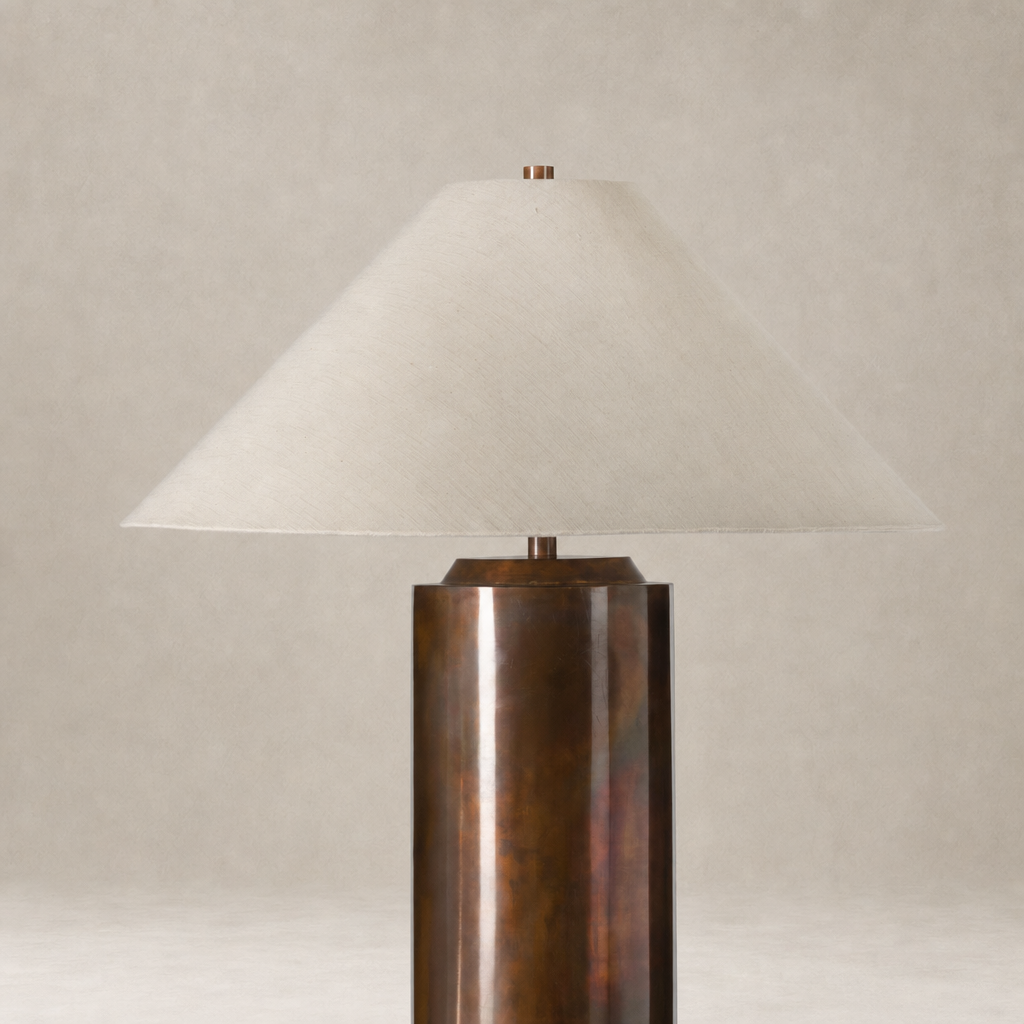 Iridescent acid wash floor lamp with a cone-shaped white lampshade and cylindrical base.