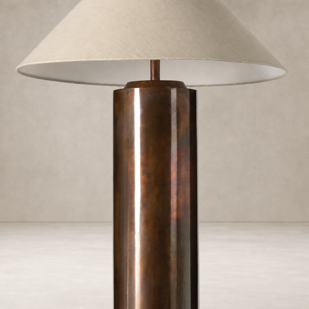 Iridescent acid wash floor lamp with a tapered fabric shade and sleek cylindrical base.