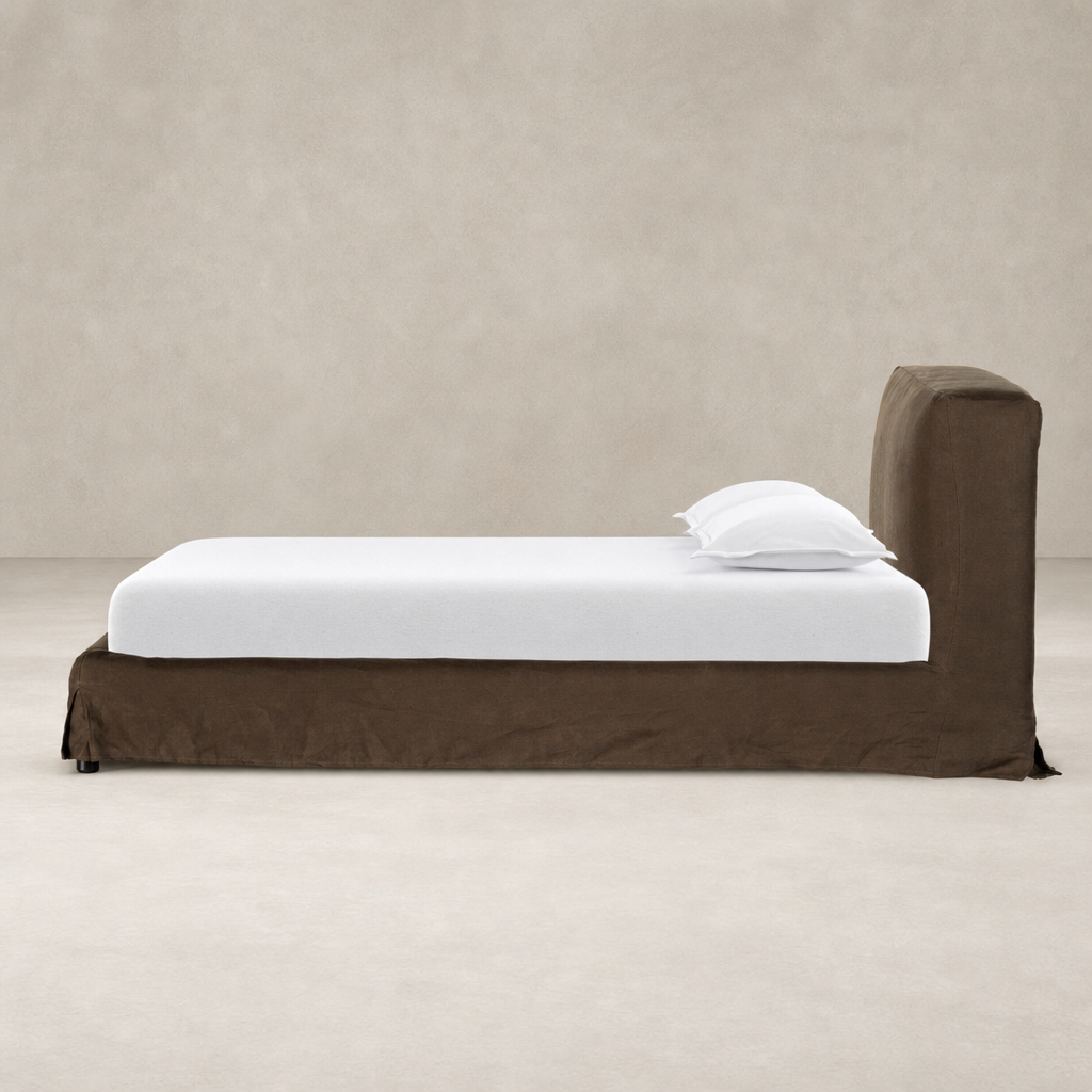 Slipcover bed in Brussels Coffee with a sleek design and soft fabric.