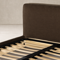 Slipcover bed with Brussels Coffee upholstery and wooden slat support system.