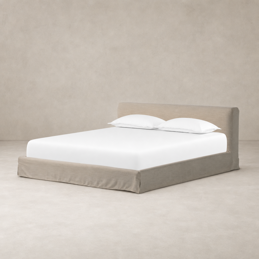 Slipcover bed in Savoy Parchment with a clean, modern design and soft upholstery.
