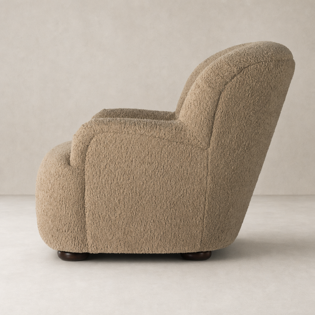Side view of Ojai Chair in Sheepskin Camel, featuring a plush, textured upholstery.