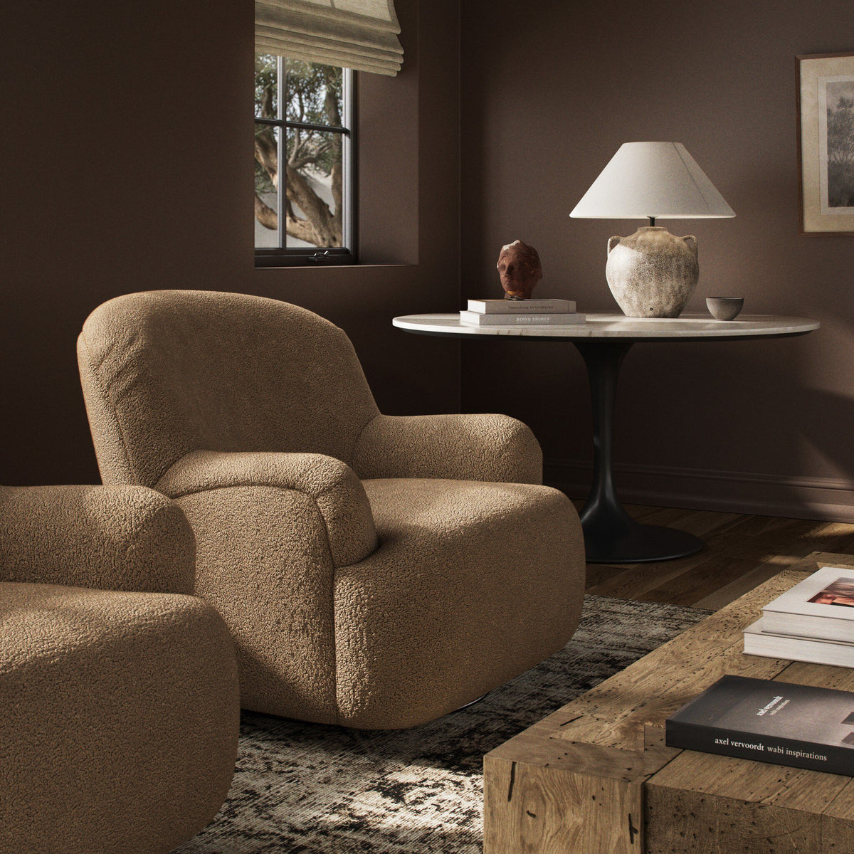 Stylish Ojai Chair in sheepskin camel, featuring soft curves and cozy design.