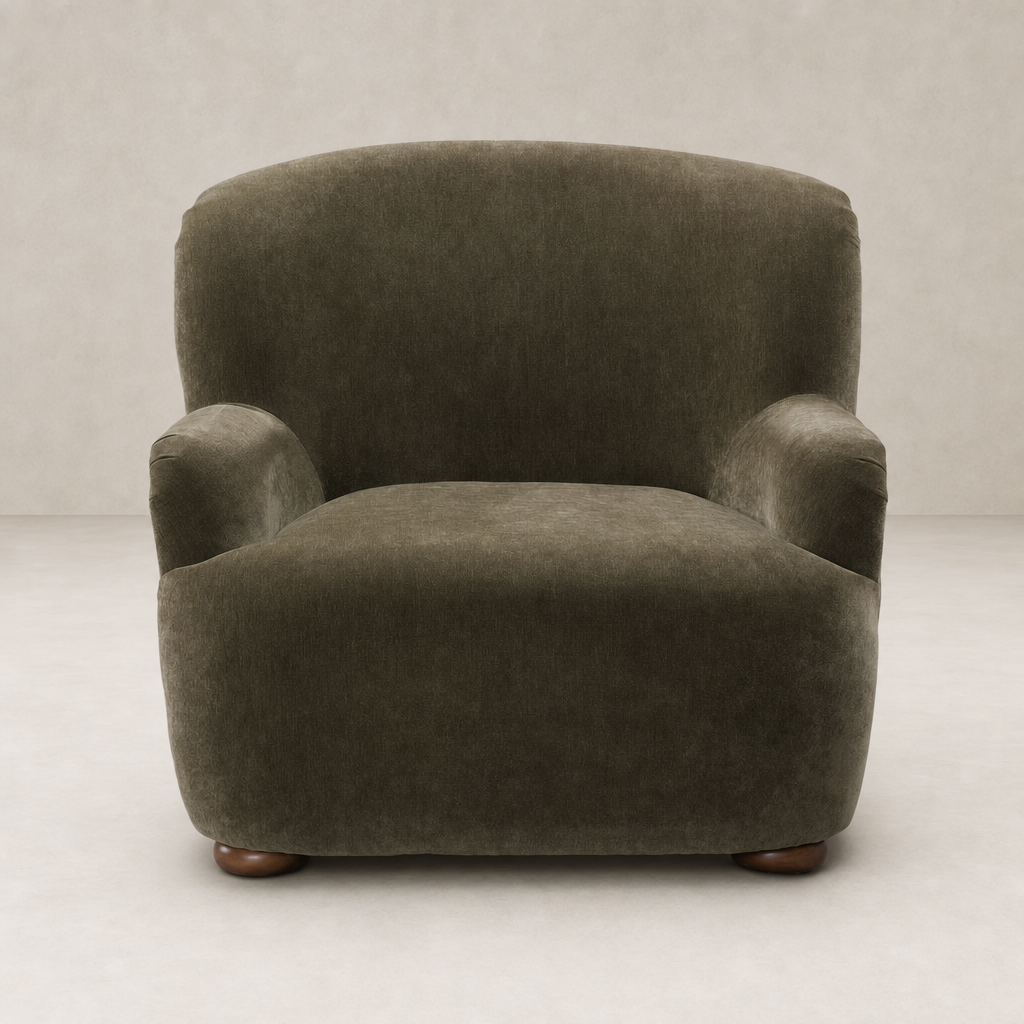 Stylish Ojai Chair in Malmo Olive with soft curves and cozy fabric texture.