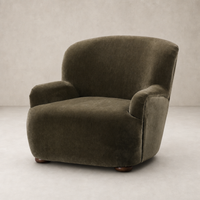 Ojai Chair in Malmo Olive featuring rounded edges and a plush upholstery finish.
