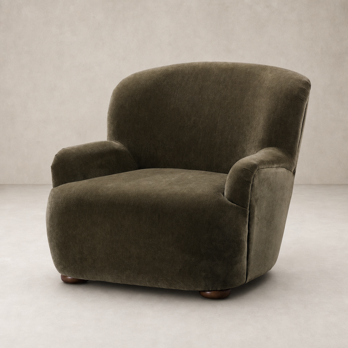 Ojai Chair in Malmo Olive featuring rounded edges and a plush upholstery finish.