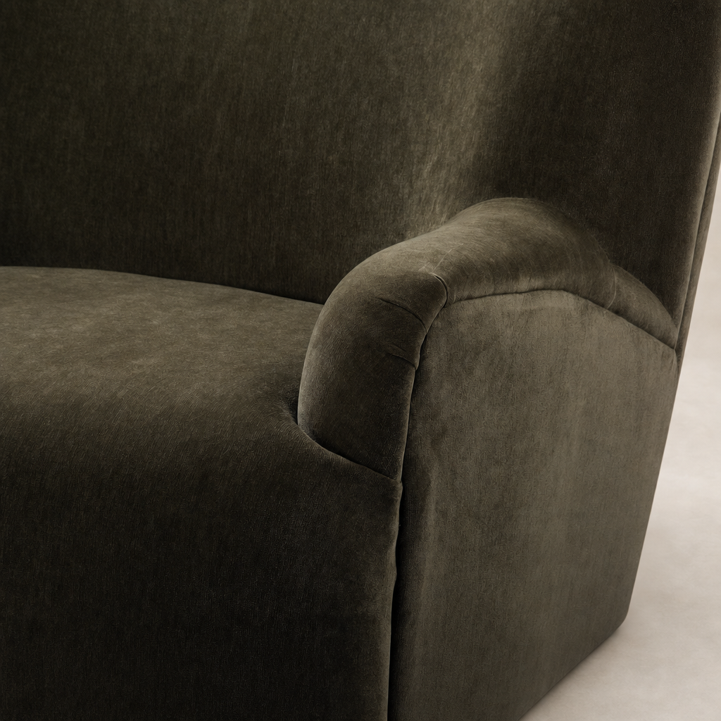 Ojai Chair in Malmo Olive featuring soft, curved arms and plush upholstery.