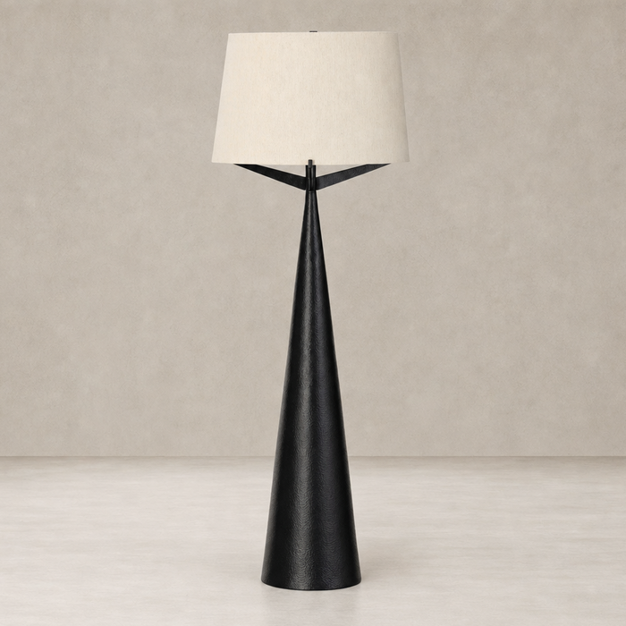 Sleek hammered black aluminum floor lamp with a cream fabric shade.