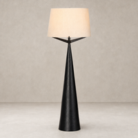Stylish floor lamp in hammered black aluminum with a soft beige shade.