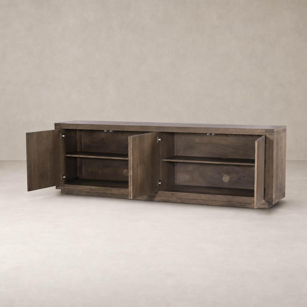 Worn Oak Whitby Sideboard with open shelves and sleek design features.