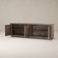 Worn Oak Whitby Sideboard with open shelves and sleek design features.
