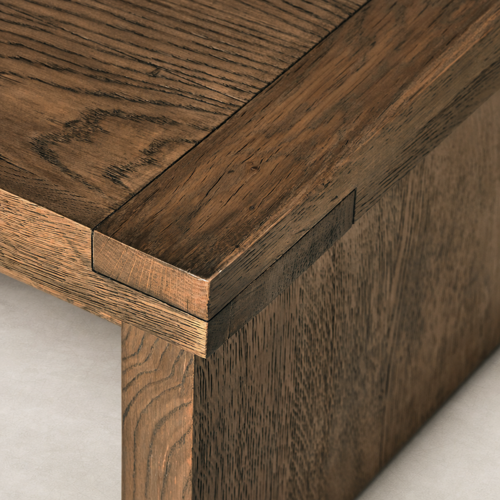Darby Coffee Table in Worn Oak showcasing detailed wood grain and seamless joinery.
