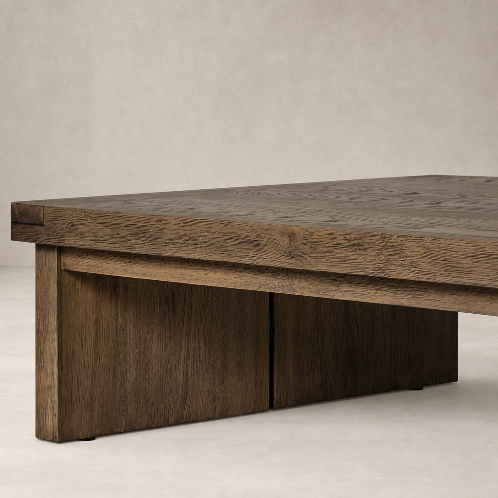 Worn Oak Darby Coffee Table with a sturdy, flat top and block legs.