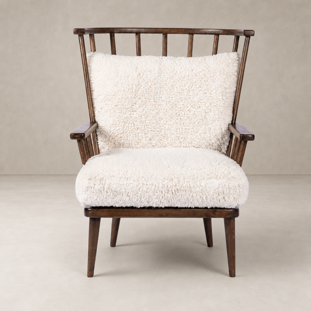 Whitley Chair in Andes Natural with plush white upholstery and sturdy wooden frame.