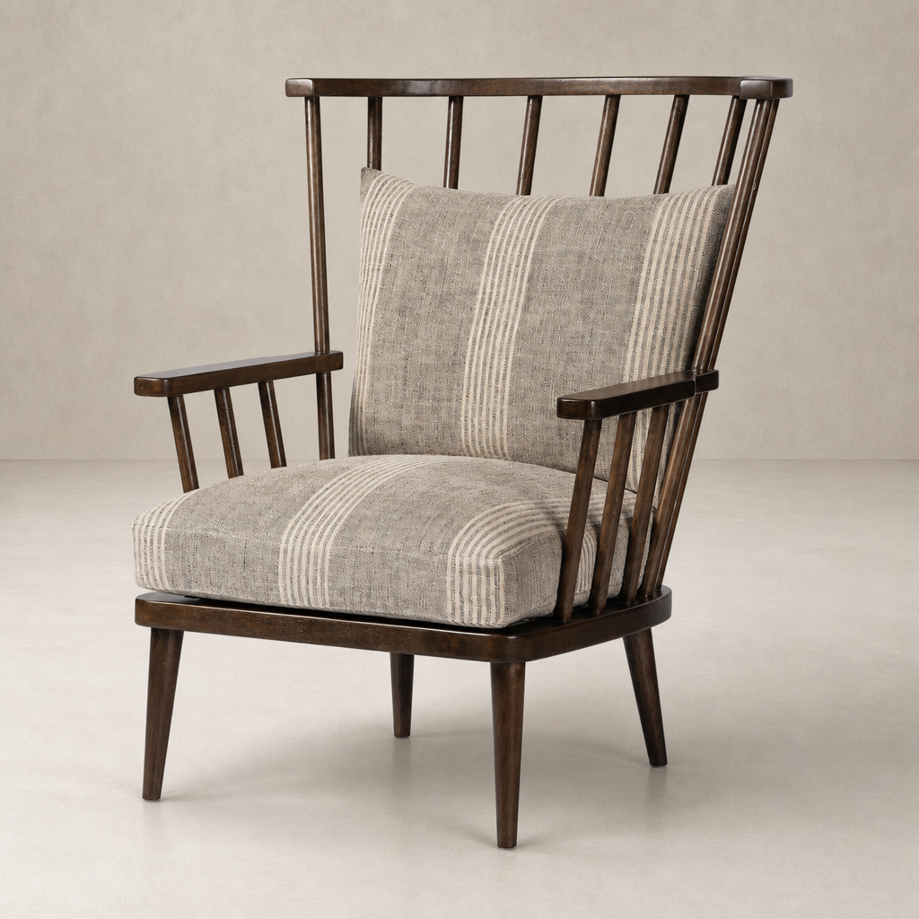Whitley Chair in Manchester Flint with a wooden frame and striped upholstery.