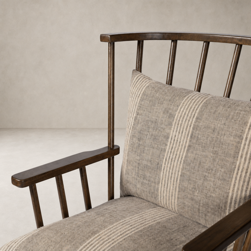 Whitley Chair in Manchester Flint with a slatted back and striped cushion design.