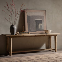 Aspen Top Console Table in Toasted Ash with detailed legs and minimalist decor.