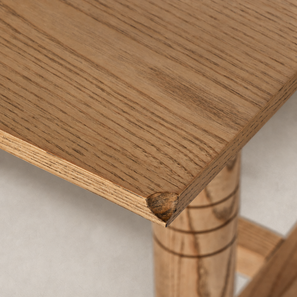 Close-up of the Aspen Top Console Table in Toasted Ash showcasing its textured surface and rounded corners.