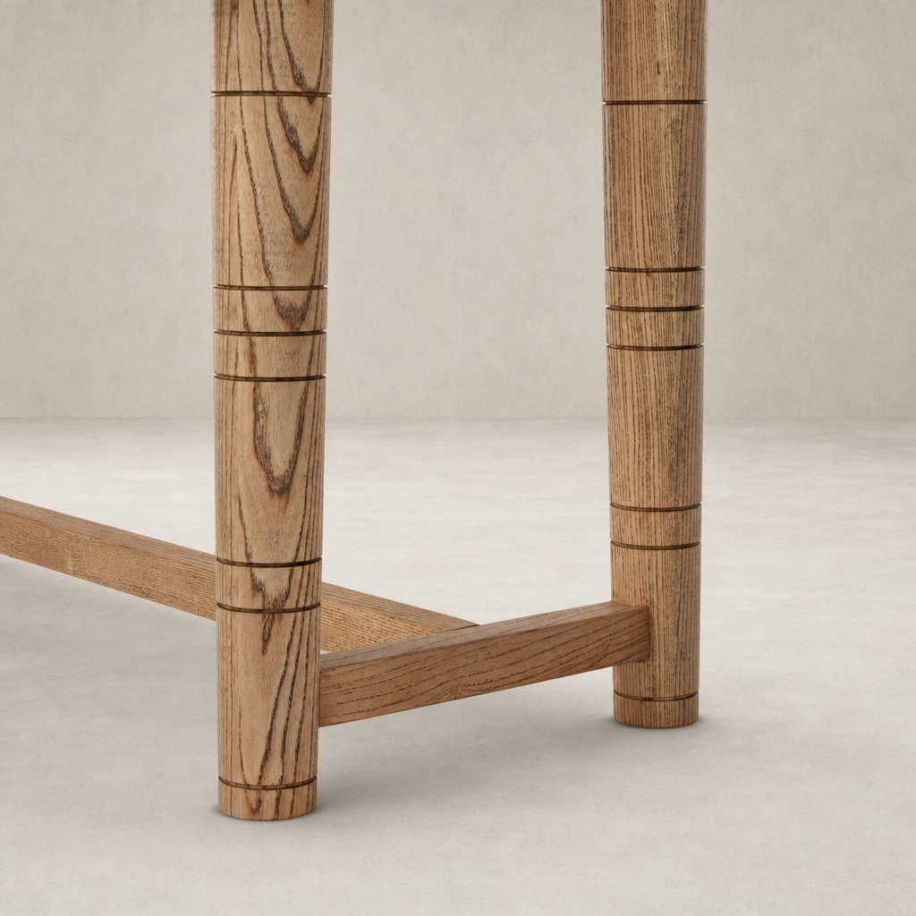 Close-up of Aspen Top Console Table legs in toasted ash, highlighting the unique grain and design.